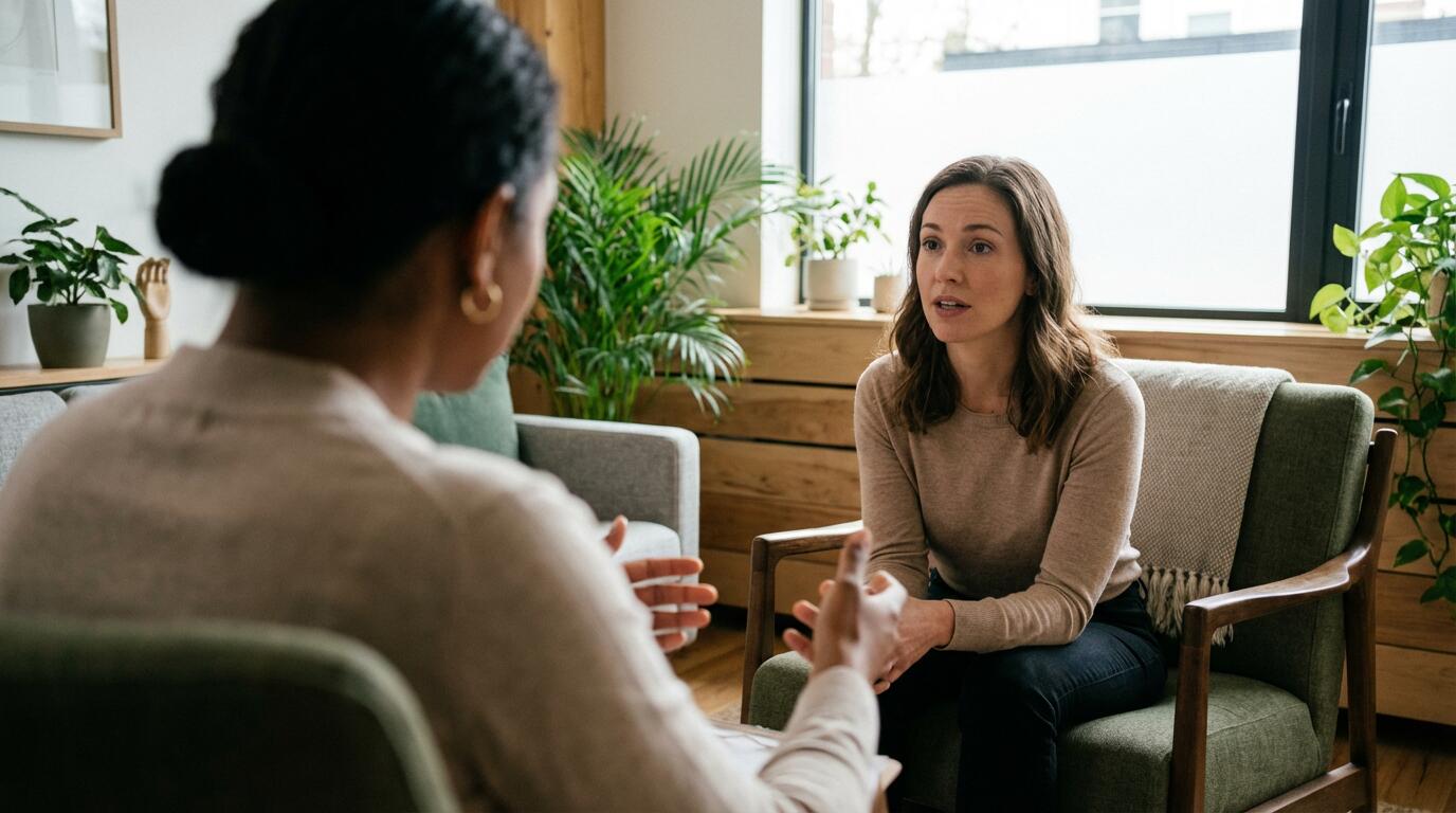 Échange entre praticien en hypnose et cliente dans un environnement thérapeutique