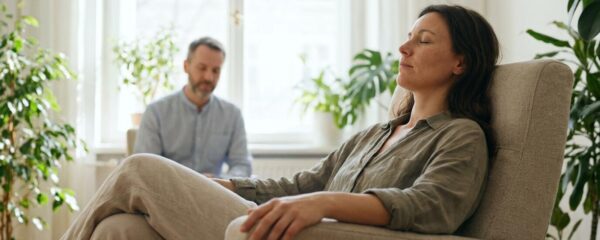 Personne détendue en séance d'hypnose thérapeutique dans un cabinet chaleureux